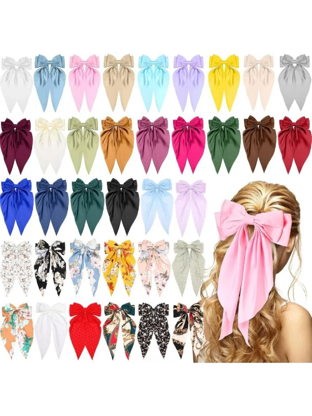 36 Pcs Oversized Satin Hair Bows for Women - Black & White Long Tail Clips